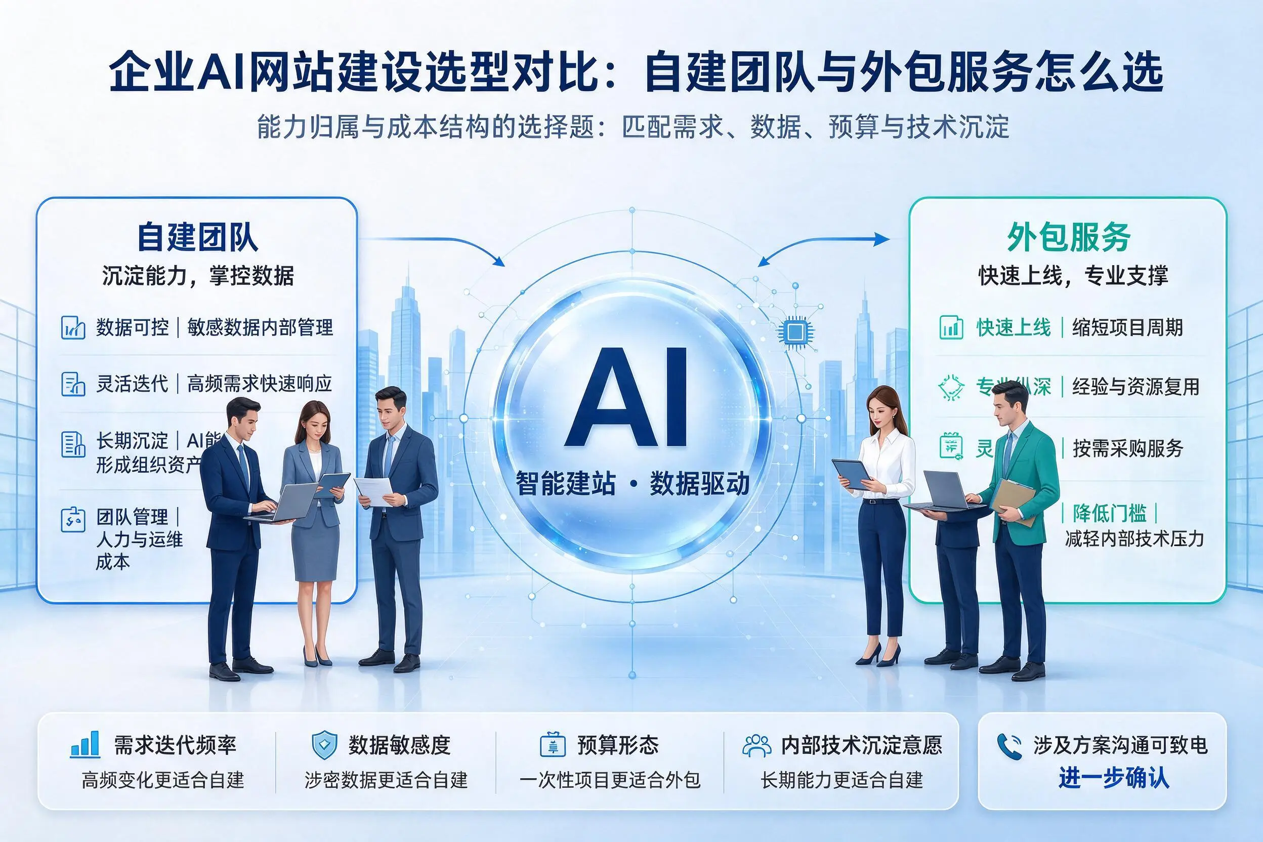 西宁企业AI网站建设选型对比:自建团队与外包服务怎么选